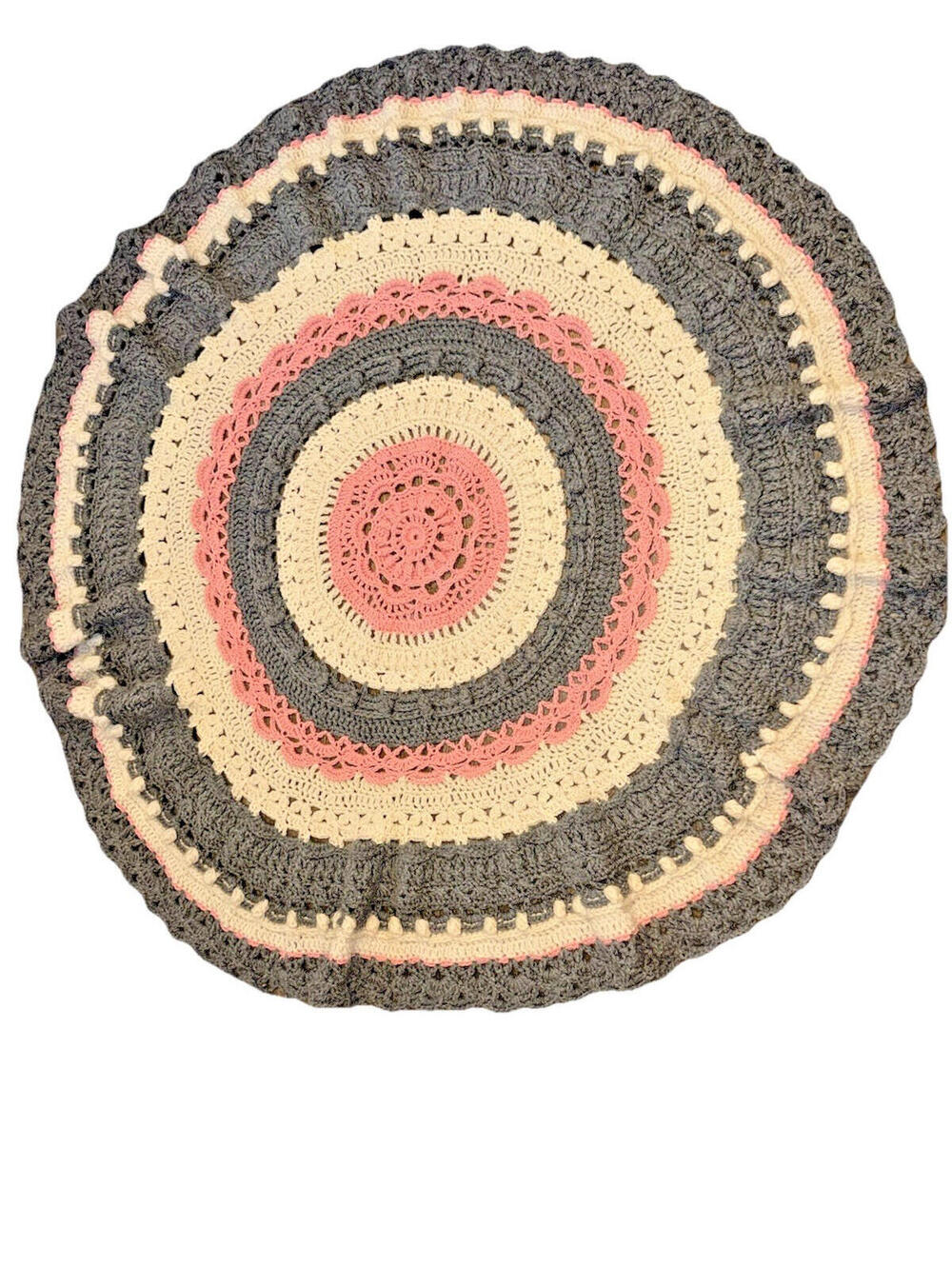 Large Handmade Crochet Doily Mandala gray pink cream 48” Round Table Topper Boho
